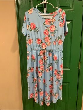 Light Blue Floral Midi Dress with Pink Rose Print